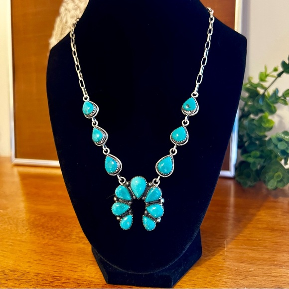 Hand Crafted Jewelry - Southwestern Sterling Silver & Kingman Turquoise Naja Necklace